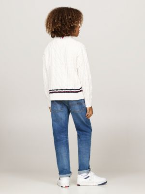 pull global stripe en maille chenille blanc pour garçons tommy hilfiger