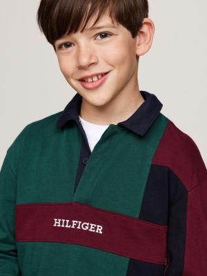 green colour-blocked long sleeve regular polo shirt for boys tommy hilfiger