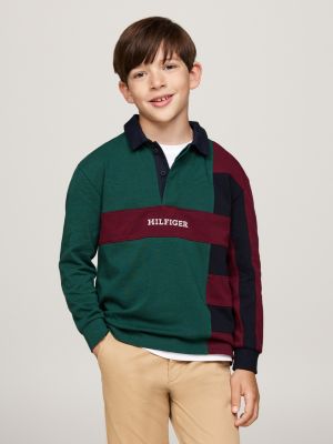 green colour-blocked long sleeve regular polo shirt for boys tommy hilfiger