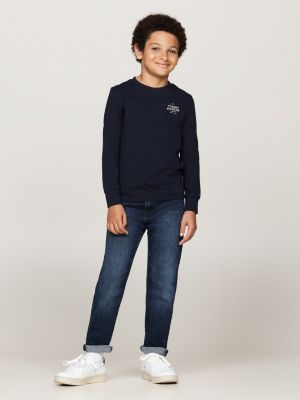 t-shirt a maniche lunghe con logo blu da bambini tommy hilfiger