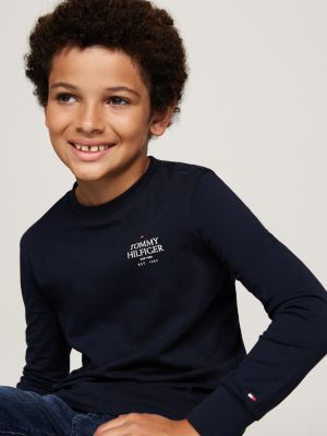 t-shirt a maniche lunghe con logo blu da bambini tommy hilfiger