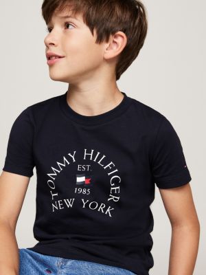 camiseta de cuello redondo con logo estampado azul de niños tommy hilfiger