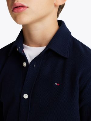 blue micro waffle knit regular fit shirt for boys tommy hilfiger