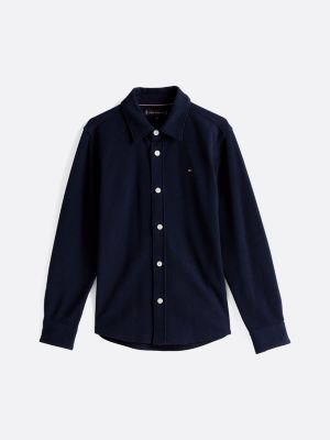 blue micro waffle knit regular fit shirt for boys tommy hilfiger