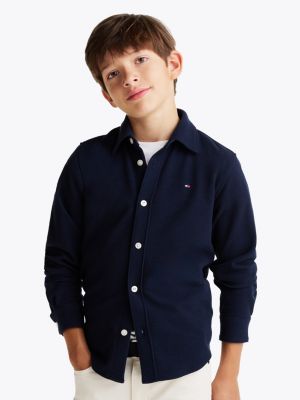 blue micro-wafelgebreid regular fit overhemd voor jongens - tommy hilfiger