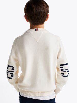 beige varsity elbow patch jumper for boys tommy hilfiger