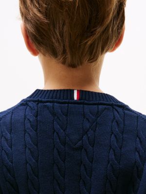 blue cable knit crew neck jumper for boys tommy hilfiger