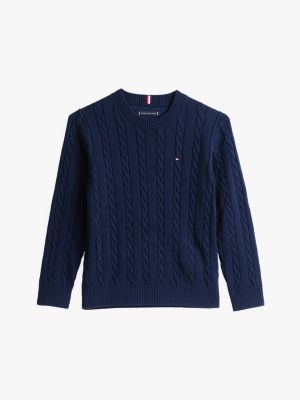 blue cable knit crew neck jumper for boys tommy hilfiger