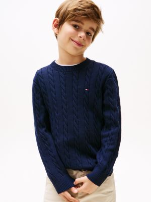 blue cable knit crew neck jumper for boys tommy hilfiger