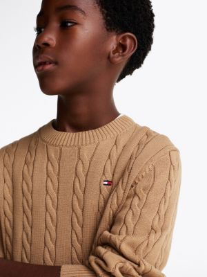 brown cable knit crew neck jumper for boys tommy hilfiger