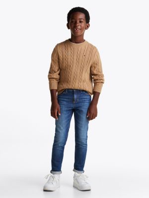 pullover in maglia intrecciata marrone da bambini tommy hilfiger