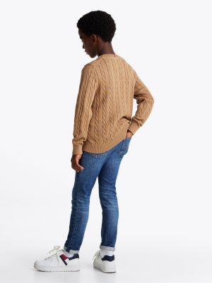 pull en maille torsadée col ras-du-cou marron pour garçons tommy hilfiger