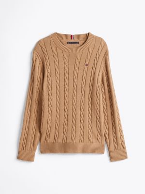 pullover in maglia intrecciata marrone da bambini tommy hilfiger