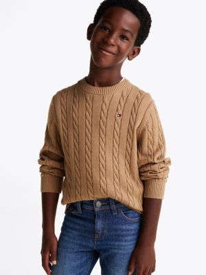 pullover in maglia intrecciata brown da bambini tommy hilfiger