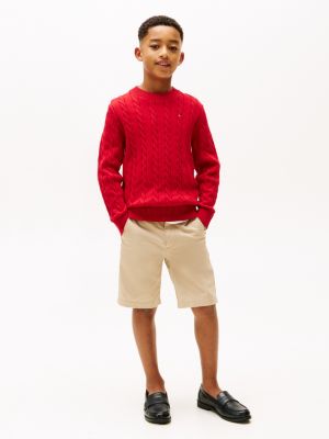 red cable knit crew neck jumper for boys tommy hilfiger