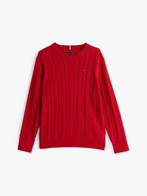 red cable knit crew neck jumper for boys tommy hilfiger