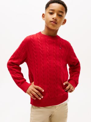 red cable knit crew neck jumper for boys tommy hilfiger