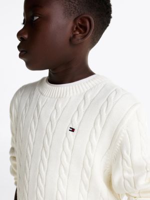 weiß zopfstrick-pullover mit rundhalsausschnitt für jungen - tommy hilfiger