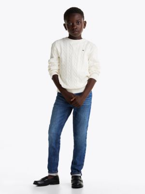 pull en maille torsadée col ras-du-cou blanc pour garçons tommy hilfiger