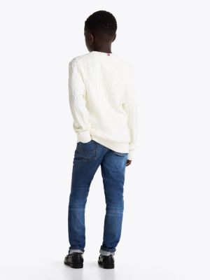 pull en maille torsadée col ras-du-cou blanc pour garçons tommy hilfiger