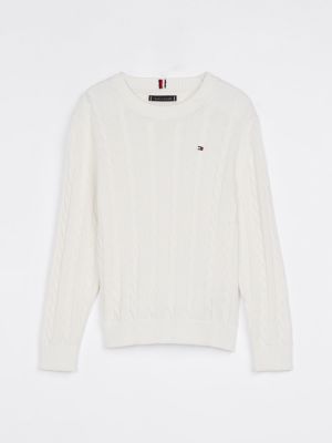 weiß zopfstrick-pullover mit rundhalsausschnitt für jungen - tommy hilfiger