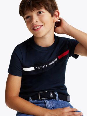 t-shirt à empiècement côtelé à logo bleu pour garçons tommy hilfiger