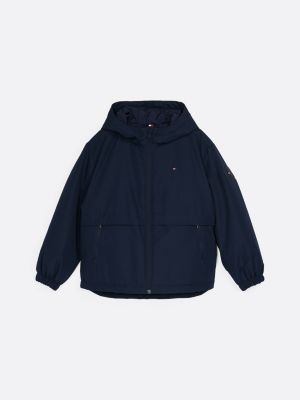 blue colour-blocked padded hooded jacket for boys tommy hilfiger