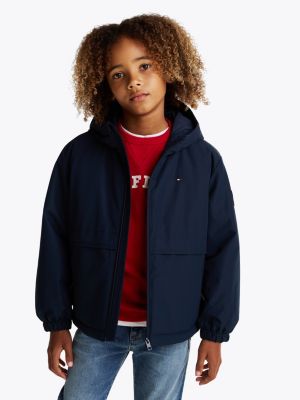 blue colour-blocked padded hooded jacket for boys tommy hilfiger