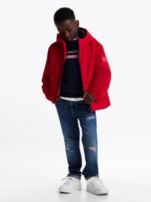 red colour-blocked padded hooded jacket for boys tommy hilfiger