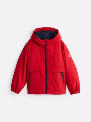 red colour-blocked padded hooded jacket for boys tommy hilfiger