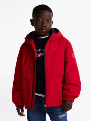 red colour-blocked padded hooded jacket for boys tommy hilfiger