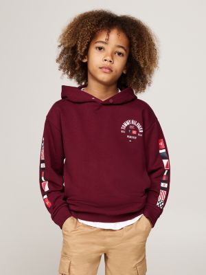 rot hoodie mit logo am ärmel und druckknopf für jungen - tommy hilfiger