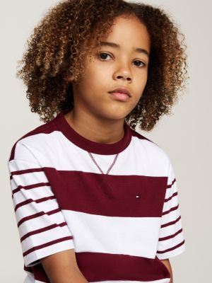 camiseta de cuello redondo con rayas mixtas roja de niños tommy hilfiger