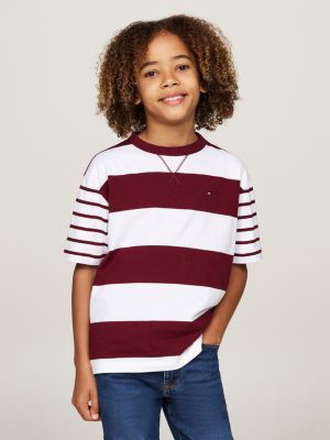 red mixed stripe crew neck t-shirt for boys tommy hilfiger