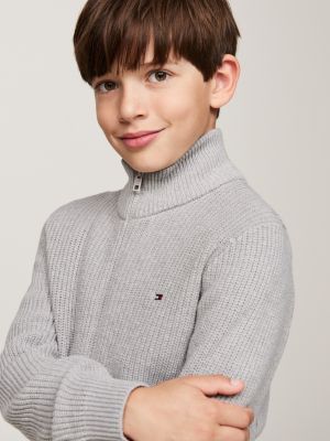 grijs ribgebreide trui met rits voor jongens - tommy hilfiger