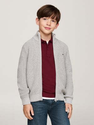 pull côtelé zippé gris pour garçons tommy hilfiger