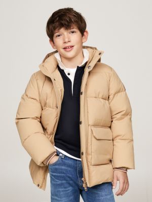 beige relaxed pufferjack met hilfiger monotype-logo voor jongens - tommy hilfiger