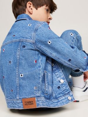 blauw oversized truckerjack van denim voor jongens - tommy hilfiger