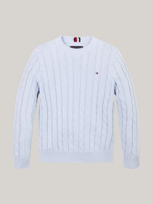 blue cable knit crew neck jumper for boys tommy hilfiger