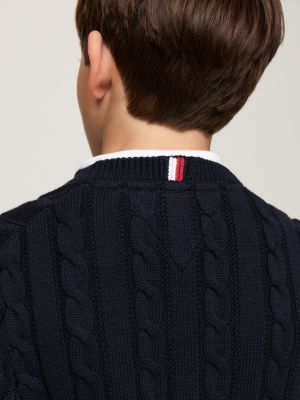 pull en maille torsadée à col ras-du-cou bleu pour garçons tommy hilfiger