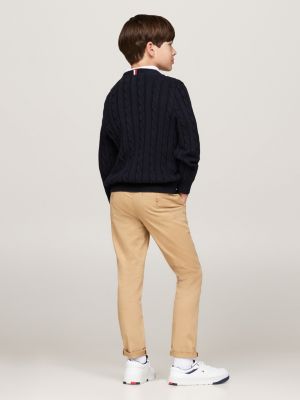 blue cable knit crew neck jumper for boys tommy hilfiger