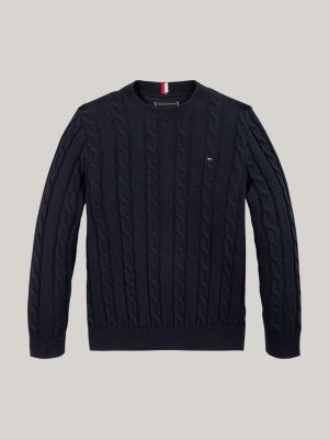 blue cable knit crew neck jumper for boys tommy hilfiger