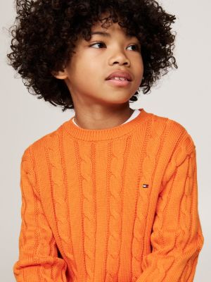 pull en maille torsadée à col ras-du-cou orange pour garçons tommy hilfiger