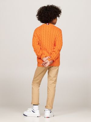 orange cable knit crew neck jumper for boys tommy hilfiger