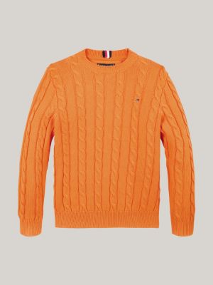 pull en maille torsadée à col ras-du-cou orange pour garçons tommy hilfiger