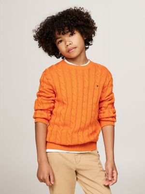 pull en maille torsadée à col ras-du-cou orange pour garçons tommy hilfiger