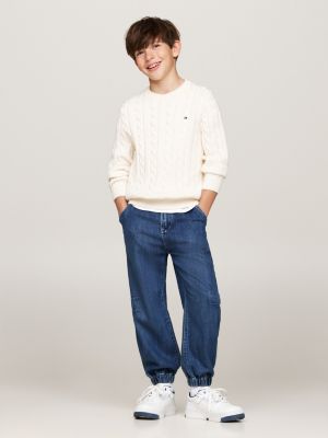 beige cable knit crew neck jumper for boys tommy hilfiger