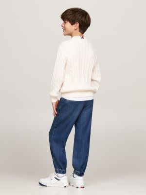 pull en maille torsadée à col ras-du-cou beige pour garçons tommy hilfiger