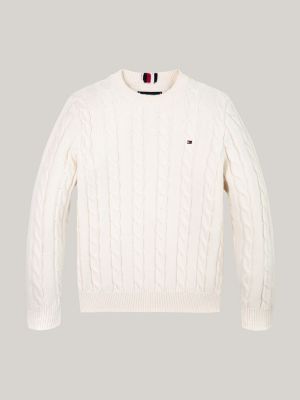 beige cable knit crew neck jumper for boys tommy hilfiger