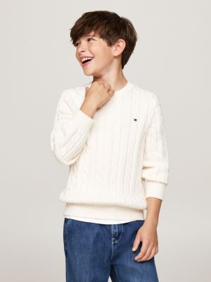 beige zopfstrick-pullover und rundhalsausschnitt für jungen - tommy hilfiger